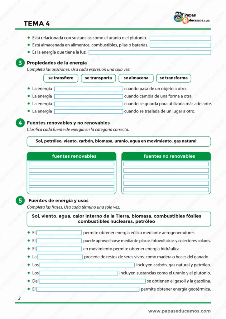 ejercicios_cono_tema_04_6_primaria_02 Ficha de las propiedades de la energía y las fuentes renovables y no renovables con ejercicios sobre el Sol, el viento, el agua, la biomasa y los combustibles fósiles.