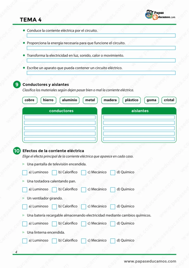 ejercicios_cono_tema_04_6_primaria_04 Ejercicios para clasificar materiales conductores y aislantes y reconocer los efectos de la corriente eléctrica en diferentes aparatos.