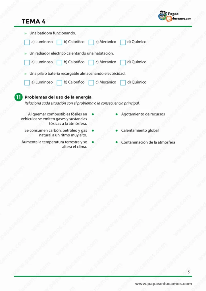 ejercicios_cono_tema_04_6_primaria_05 Ficha sobre los problemas del uso de la energía con actividades relacionadas con la contaminación, el calentamiento global y el agotamiento de los recursos naturales.