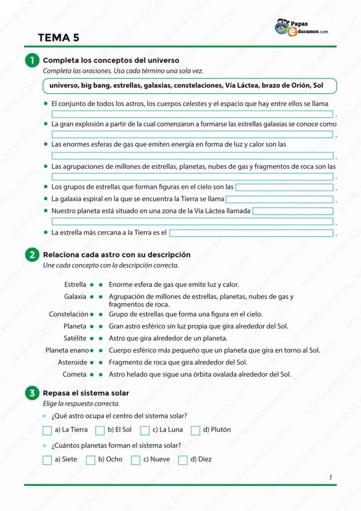 ejercicios_cono_tema_05_6_primaria_01 Ejercicios sobre el universo y el sistema solar para 6.º de Primaria: conceptos del universo, galaxias, estrellas, planetas, satélites y preguntas de repaso del sistema solar.