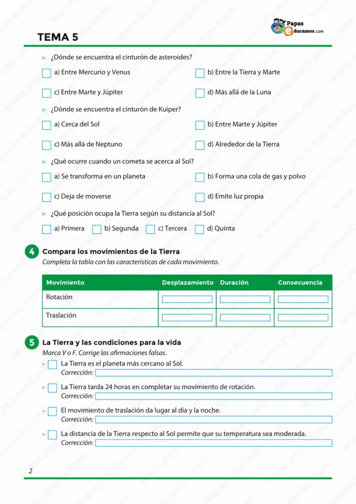 ejercicios_cono_tema_05_6_primaria_02 Actividades sobre el cinturón de asteroides, cinturón de Kuiper, movimientos de la Tierra y condiciones para la vida en el planeta para 6.º de Primaria.