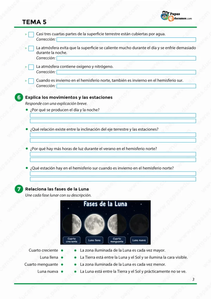 ejercicios_cono_tema_05_6_primaria_03 Ficha de ejercicios sobre la rotación y traslación de la Tierra, estaciones del año y fases de la Luna para alumnos de 6.º de Primaria.