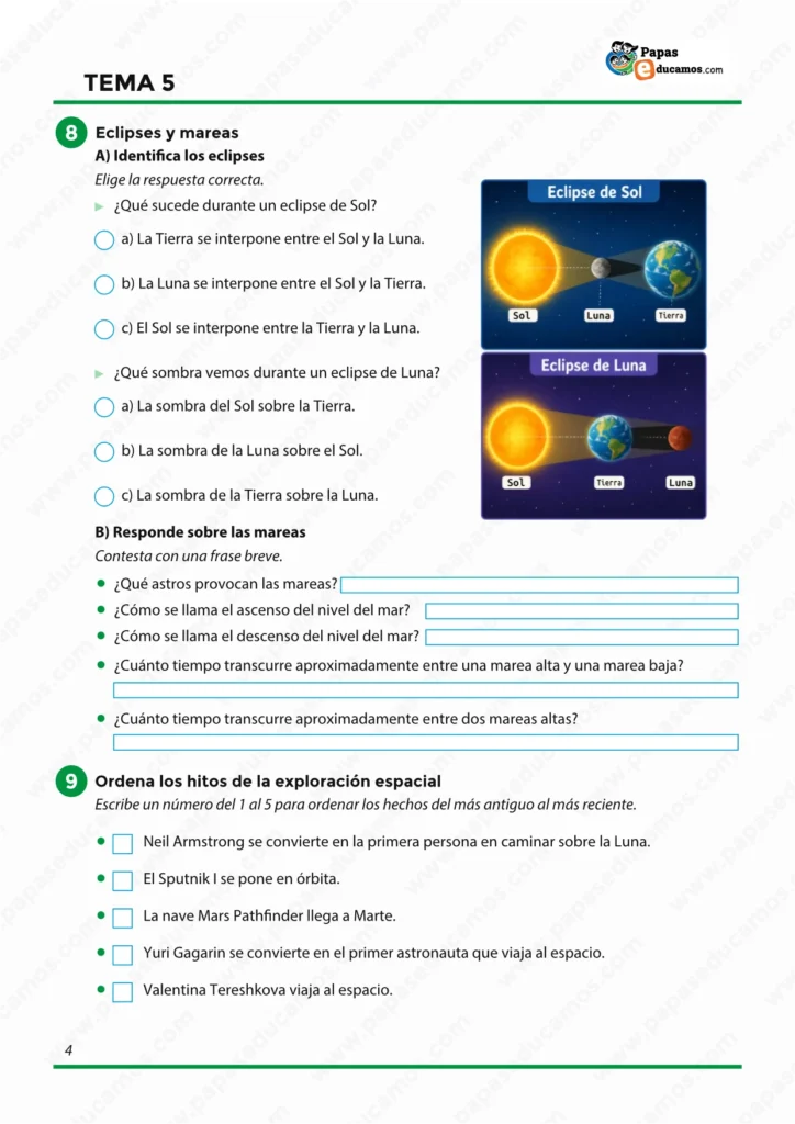 ejercicios_cono_tema_05_6_primaria_04 Ejercicios de eclipses, mareas y exploración espacial para 6.º de Primaria con actividades sobre astronautas, satélites y principales hitos de la carrera espacial.