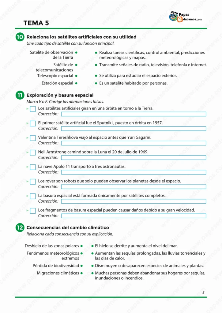ejercicios_cono_tema_05_6_primaria_05 Actividades sobre satélites artificiales, basura espacial, consecuencias del cambio climático y protección del medio ambiente para 6.º de Primaria.