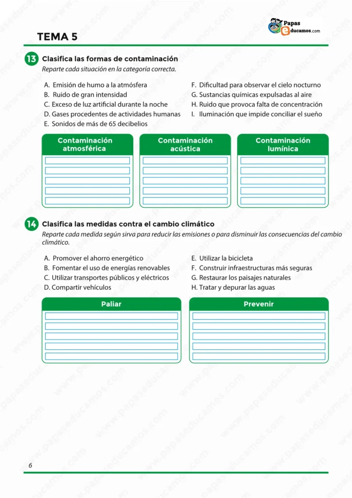 ejercicios_cono_tema_05_6_primaria_06 Ejercicios para clasificar los tipos de contaminación y las medidas para prevenir y paliar el cambio climático en 6.º de Primaria.