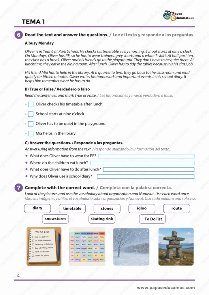 ejercicios_ingles_tema_01_6_primaria_04 Ficha de comprensión lectora en inglés con un texto sobre la rutina escolar, preguntas de comprensión y vocabulario sobre organización y Nunavut.