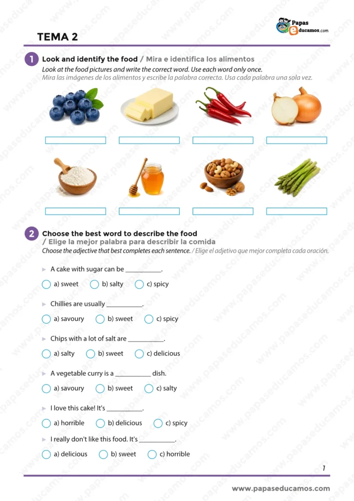 ejercicios_ingles_tema_02_6_primaria_01 Ficha de inglés de 6º de Primaria con ejercicios para identificar alimentos y practicar vocabulario sobre sabores y adjetivos para describir la comida.