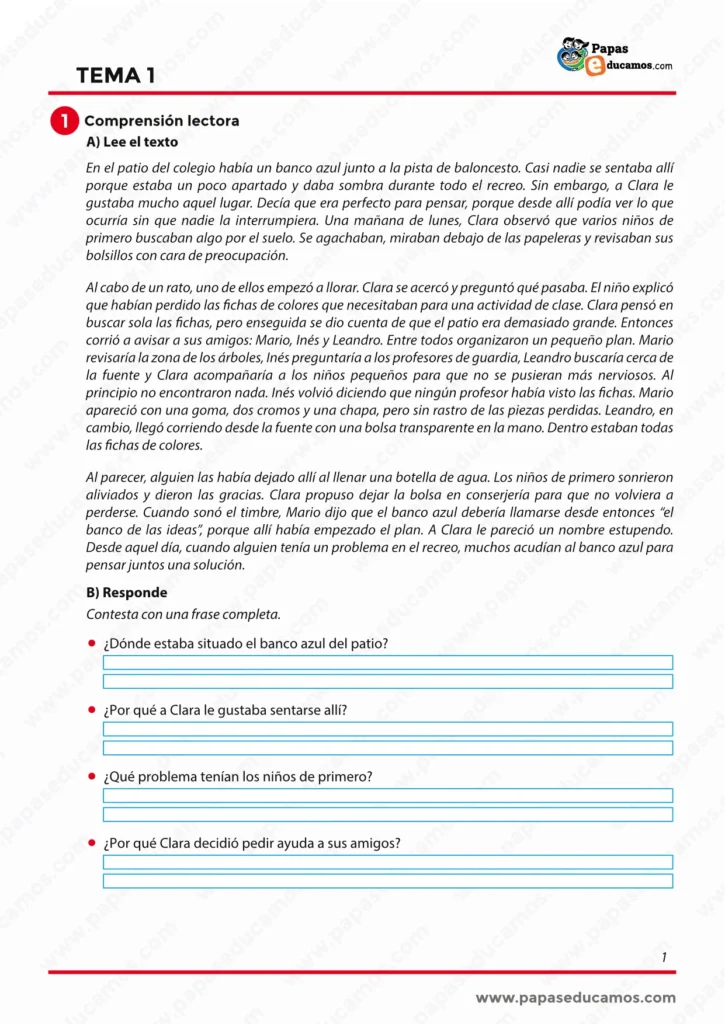 Ficha de Lengua Tema 1 de 6º de Primaria con lectura de comprensión lectora y preguntas sobre el texto.