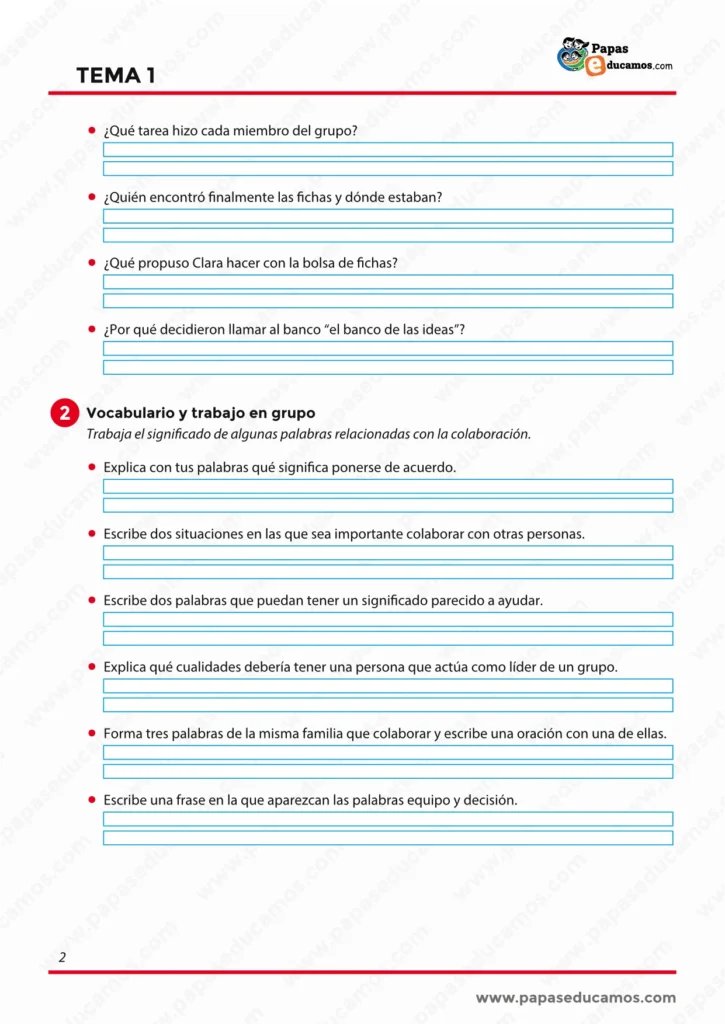 Ejercicios de comprensión lectora y vocabulario sobre colaboración y trabajo en grupo para 6º de Primaria.