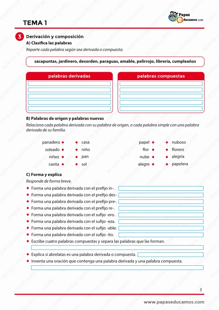 Ficha de Lengua de 6º de Primaria sobre palabras derivadas, palabras compuestas, prefijos y sufijos.