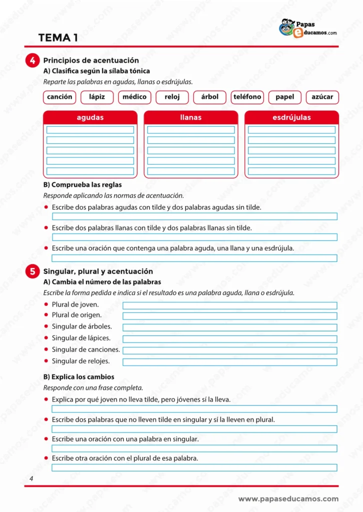 Ejercicios de acentuación para 6º de Primaria con palabras agudas, llanas, esdrújulas, singular y plural.