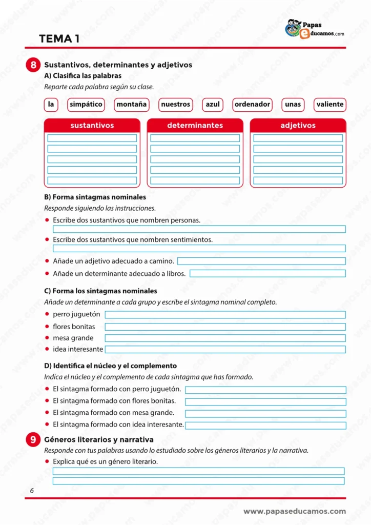 Ejercicios de Lengua de 6º de Primaria sobre sustantivos, determinantes, adjetivos y géneros literarios.