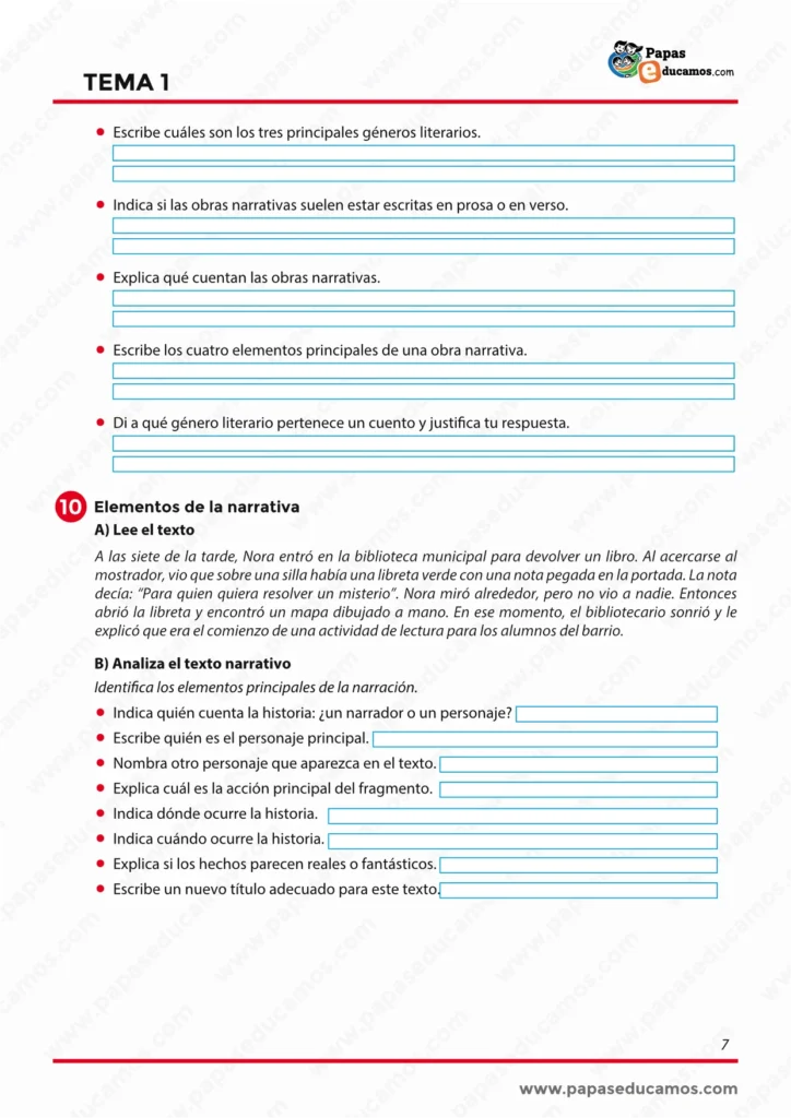 Ficha de Lengua Tema 1 de 6º de Primaria sobre géneros literarios y elementos de la narrativa.