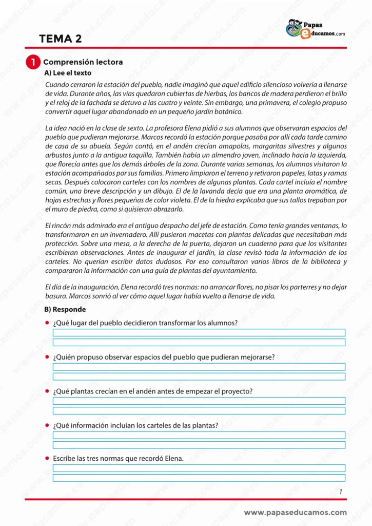 Ficha de Lengua Tema 2 de 6º de Primaria con lectura de comprensión lectora sobre una estación convertida en jardín botánico.
