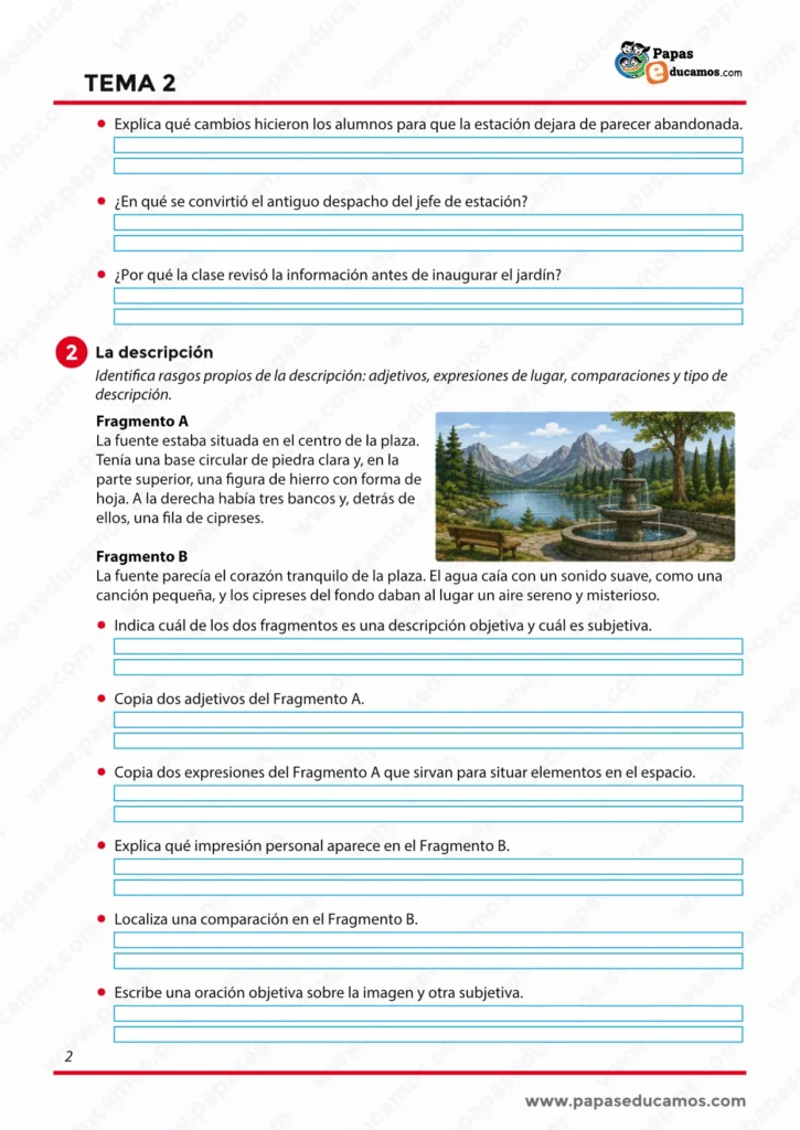 Ejercicios de Lengua para 6º de Primaria sobre comprensión lectora y rasgos de la descripción objetiva y subjetiva.