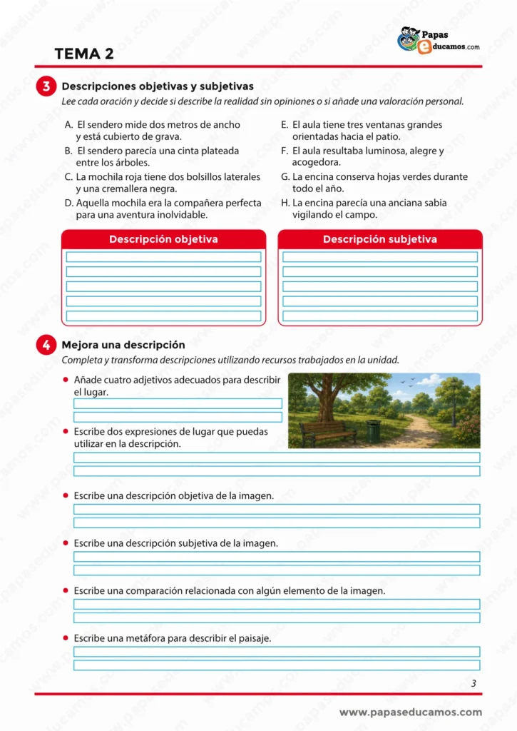 Ficha de Lengua de 6º de Primaria con actividades sobre descripciones objetivas, subjetivas, comparaciones y metáforas.