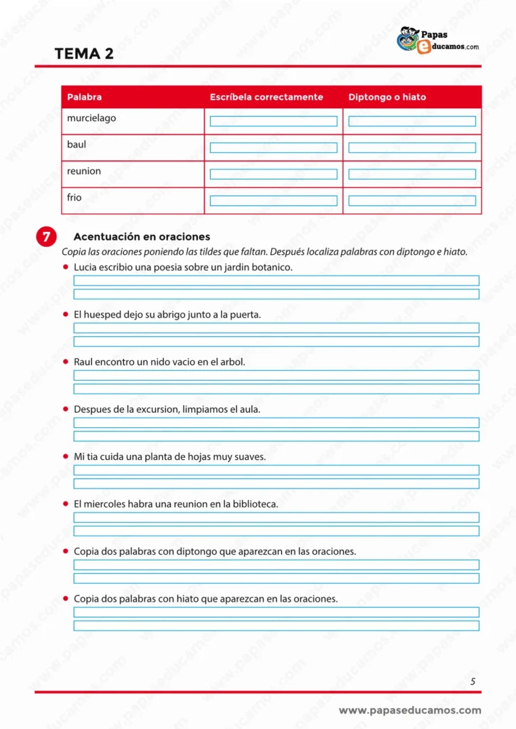 Ficha de ortografía para 6º de Primaria con actividades de acentuación en oraciones, diptongos e hiatos.