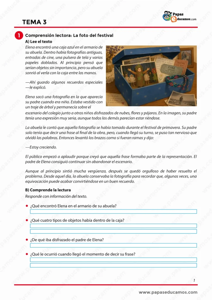 Ficha de Lengua Tema 3 de 6º de Primaria con lectura de comprensión lectora titulada La foto del festival.