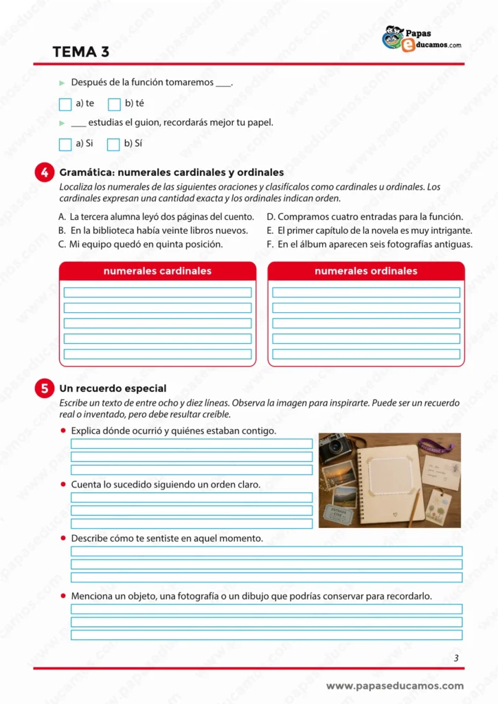 Ficha de Lengua de 6º de Primaria con actividades sobre monosílabos, numerales cardinales y ordinales, y redacción de un recuerdo especial.