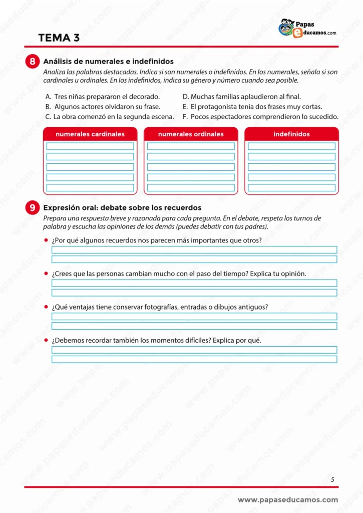 Ficha de Lengua de 6º de Primaria sobre análisis de numerales e indefinidos y debate oral sobre los recuerdos.