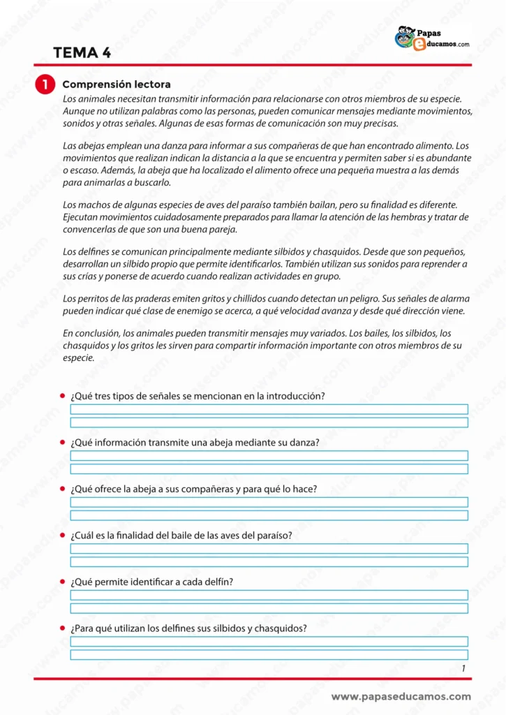 Ficha de Lengua Tema 4 de 6º de Primaria con lectura sobre la comunicación entre animales y preguntas de comprensión lectora.