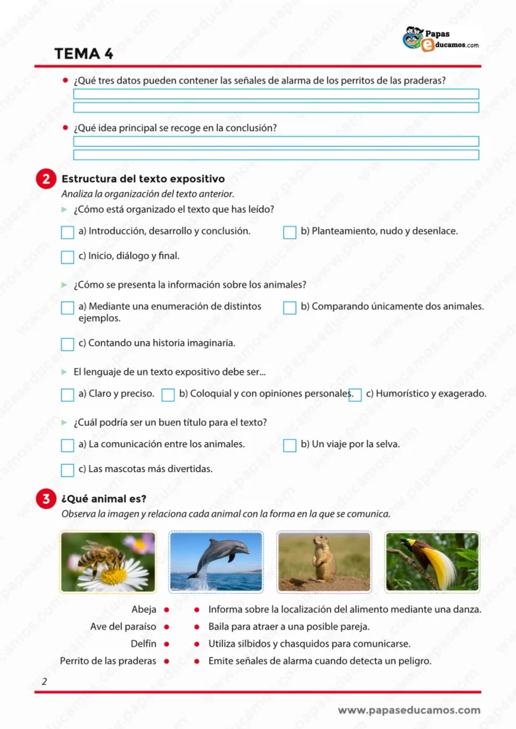 Ejercicios de Lengua para 6º de Primaria sobre estructura del texto expositivo y formas de comunicación de los animales.