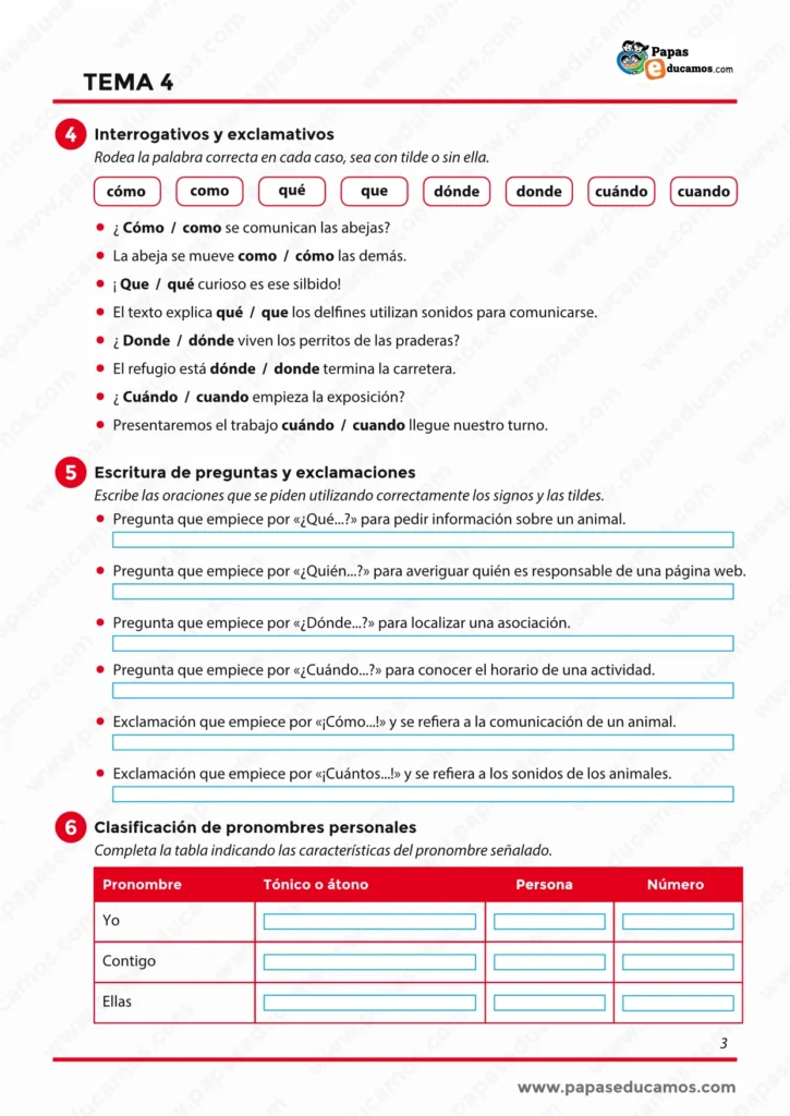 Ficha de Lengua de 6º de Primaria sobre interrogativos, exclamativos y clasificación de pronombres personales.