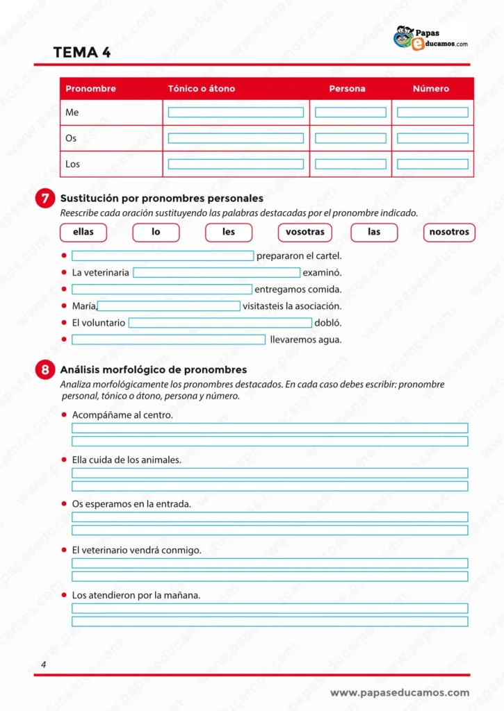 Ejercicios de gramática para 6º de Primaria sobre sustitución y análisis morfológico de pronombres personales.