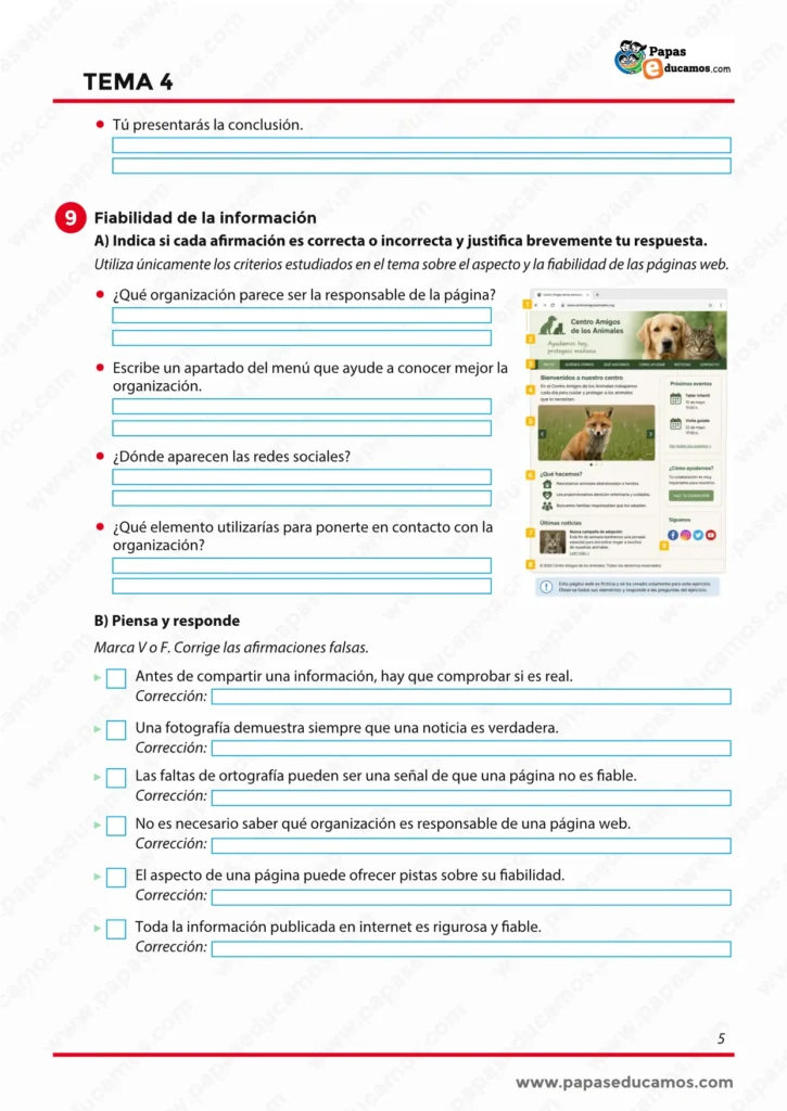 Ficha de Lengua Tema 4 de 6º de Primaria sobre fiabilidad de la información y análisis de una página web.