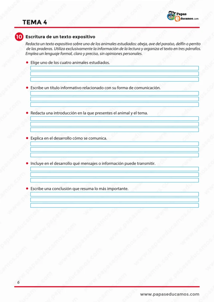 Ejercicio de escritura de un texto expositivo sobre animales y sus formas de comunicación para 6º de Primaria.