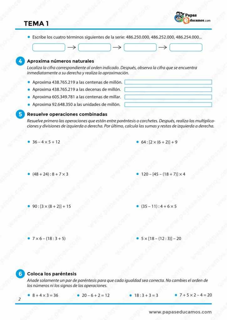 ejercicios_matematicas_tema_01_6_primaria_02 Ficha del Tema 1 de Matemáticas de 6º de Primaria con actividades de series numéricas, aproximación de números naturales, operaciones combinadas y uso de paréntesis.