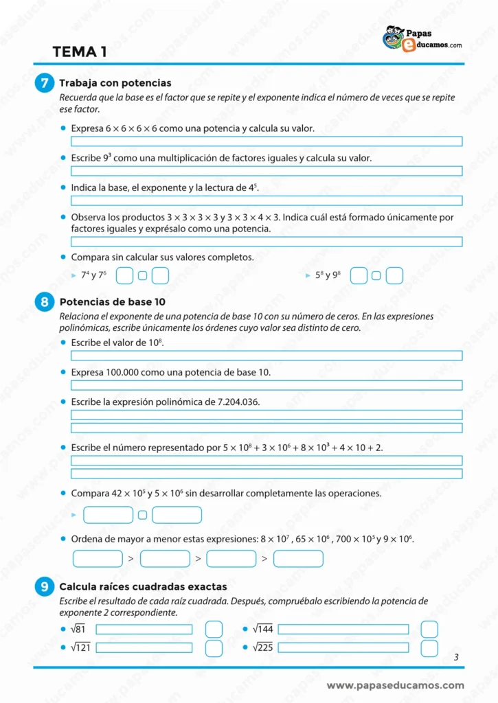 ejercicios_matematicas_tema_01_6_primaria_03 Ejercicios de potencias, potencias de base 10 y raíces cuadradas exactas para alumnos de 6º de Primaria.