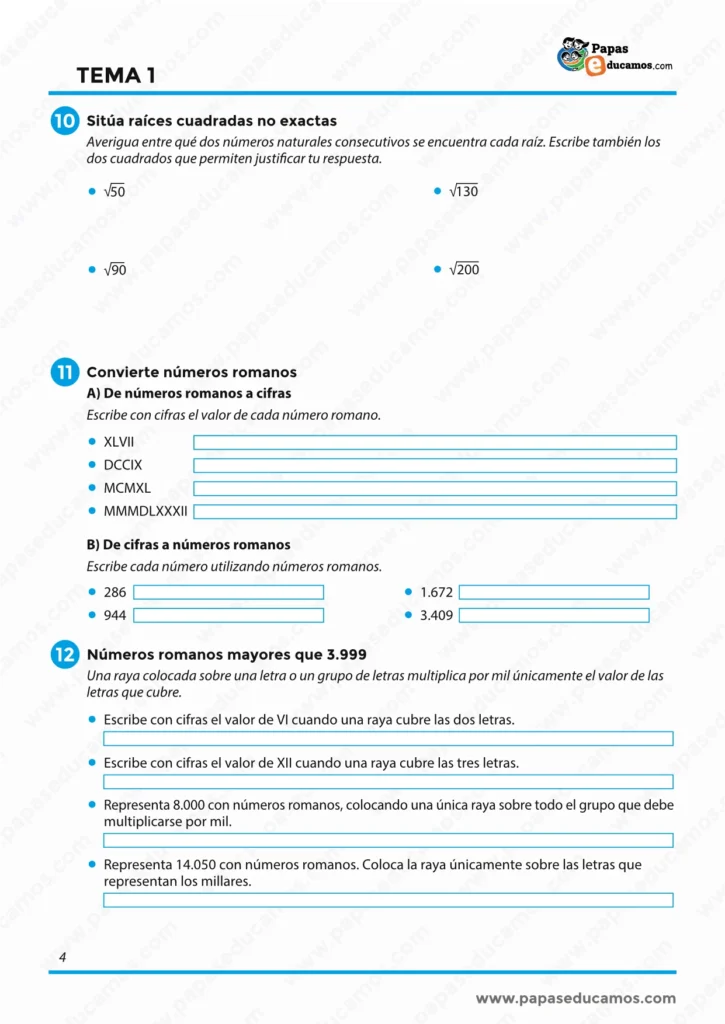 ejercicios_matematicas_tema_01_6_primaria_04 Actividades de Matemáticas de 6º de Primaria sobre raíces cuadradas no exactas, números romanos y números romanos mayores que 3.999.