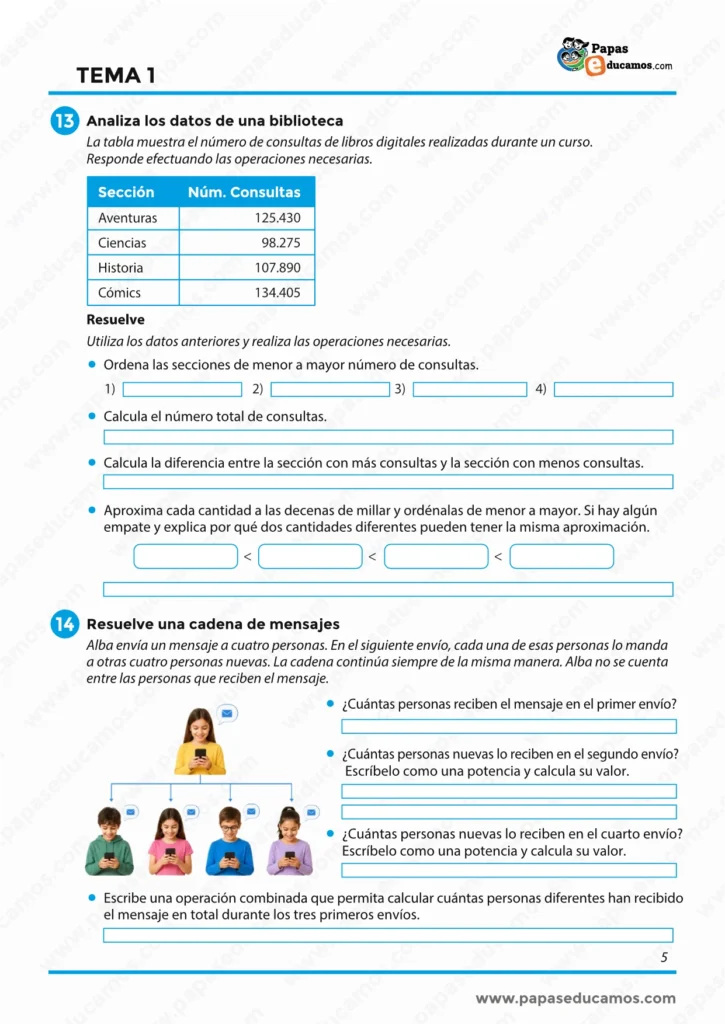 ejercicios_matematicas_tema_01_6_primaria_05 Ejercicios de análisis de datos en una tabla de biblioteca y problema matemático sobre cadenas de mensajes con potencias.