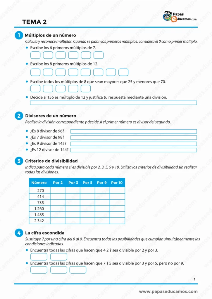 ejercicios_matematicas_tema_02_6_primaria_01 Ejercicios de Matemáticas de 6º de Primaria sobre múltiplos, divisores, criterios de divisibilidad y cifras escondidas.