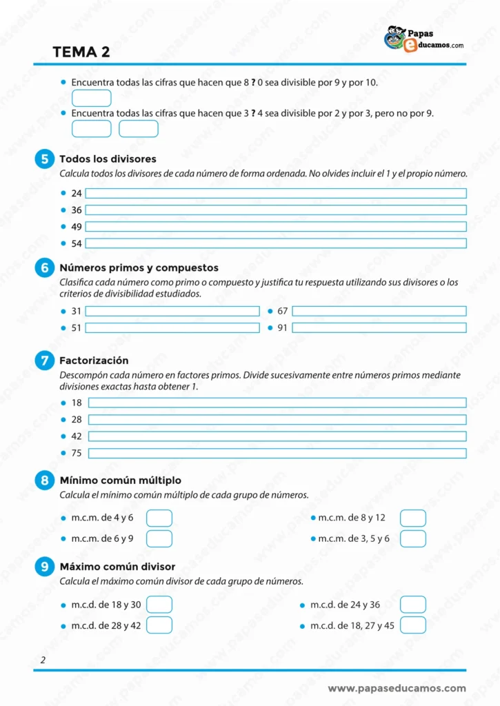 ejercicios_matematicas_tema_02_6_primaria_02 Ficha del Tema 2 de Matemáticas de 6º de Primaria con actividades sobre divisores, números primos y compuestos, factorización, mínimo común múltiplo y máximo común divisor.
