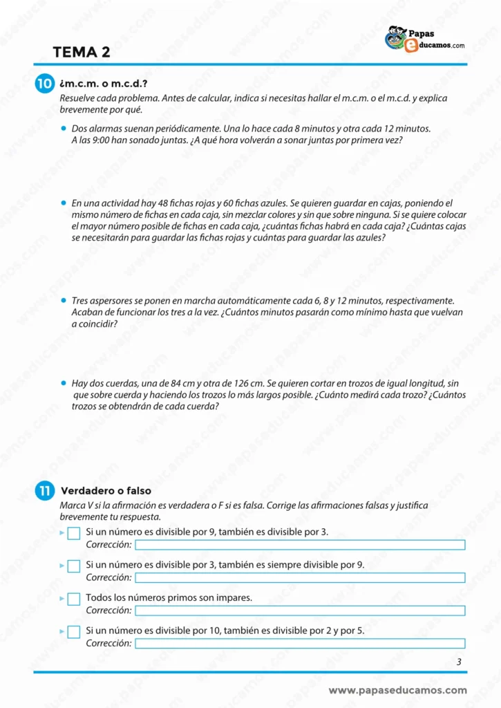 ejercicios_matematicas_tema_02_6_primaria_03 Problemas de Matemáticas de 6º de Primaria para diferenciar el uso del m.c.m. y el m.c.d., junto con ejercicios de verdadero o falso sobre divisibilidad.