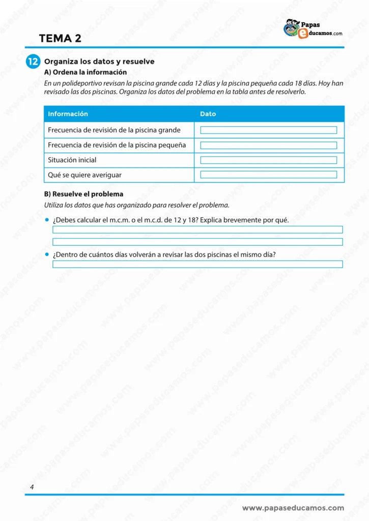 ejercicios_matematicas_tema_02_6_primaria_04 Actividad de organización de datos y resolución de problemas con mínimo común múltiplo en el Tema 2 de Matemáticas de 6º de Primaria.