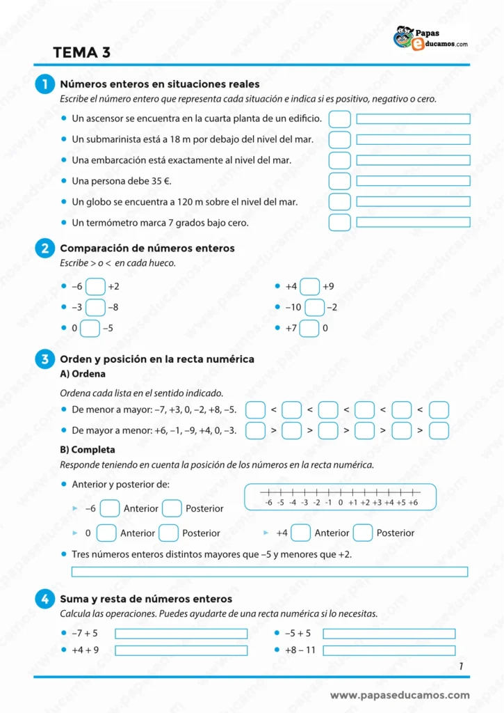 ejercicios_matematicas_tema_03_6_primaria_01 Ejercicios de Matemáticas de 6º de Primaria sobre números enteros, comparación, ordenación en la recta numérica y operaciones básicas con enteros.