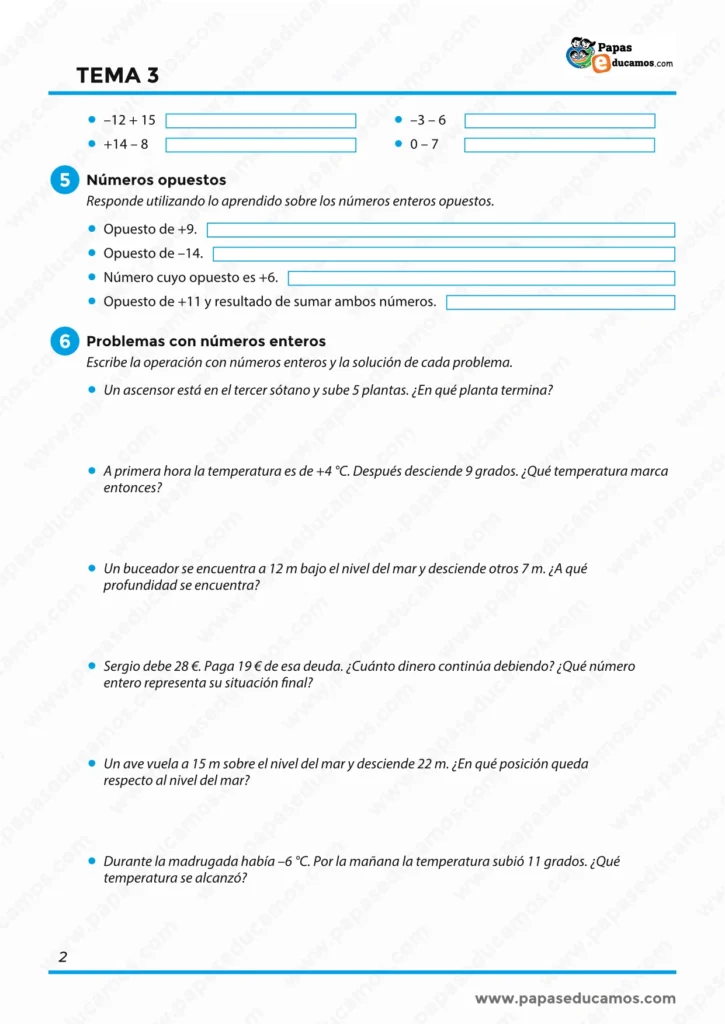 ejercicios_matematicas_tema_03_6_primaria_02 Ficha del Tema 3 de Matemáticas de 6º de Primaria con números opuestos y problemas de aplicación de números enteros en situaciones reales.