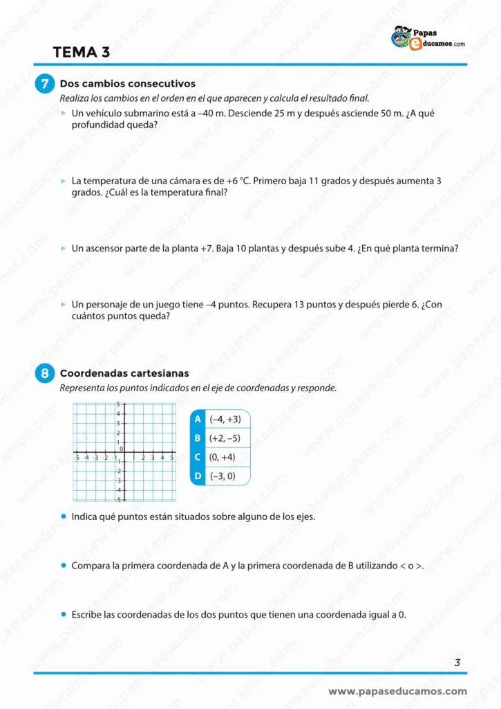 ejercicios_matematicas_tema_03_6_primaria_03 Actividades de Matemáticas de 6º de Primaria sobre cambios consecutivos con números enteros y representación de coordenadas cartesianas en el plano.