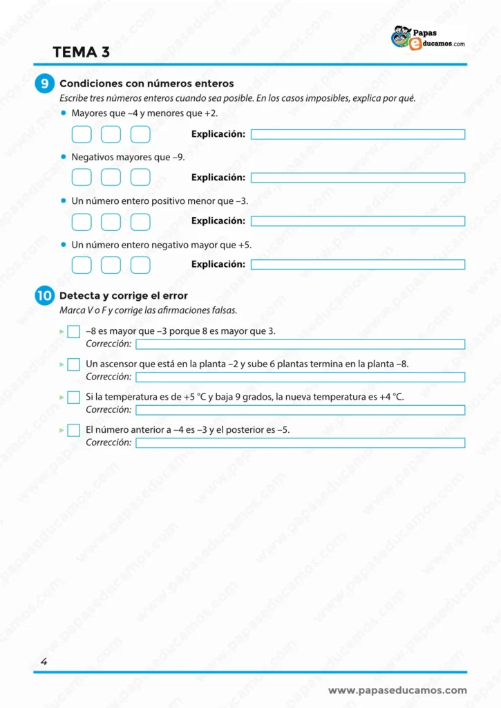 ejercicios_matematicas_tema_03_6_primaria_04 Ejercicios de Matemáticas de 6º de Primaria para trabajar condiciones con números enteros y detectar y corregir errores en operaciones y razonamientos matemáticos.