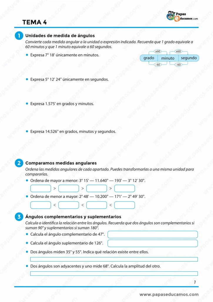 ejercicios_matematicas_tema_04_6_primaria_01 Ejercicios de Matemáticas de 6º de Primaria sobre conversión de unidades de medida de ángulos, comparación de medidas angulares y ángulos complementarios y suplementarios.