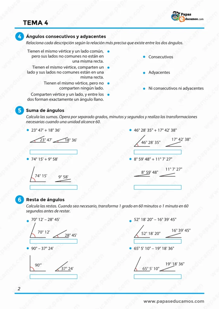 ejercicios_matematicas_tema_04_6_primaria_02 Ficha del Tema 4 de Matemáticas de 6º de Primaria con actividades sobre ángulos consecutivos y adyacentes, suma y resta de ángulos expresados en grados, minutos y segundos.