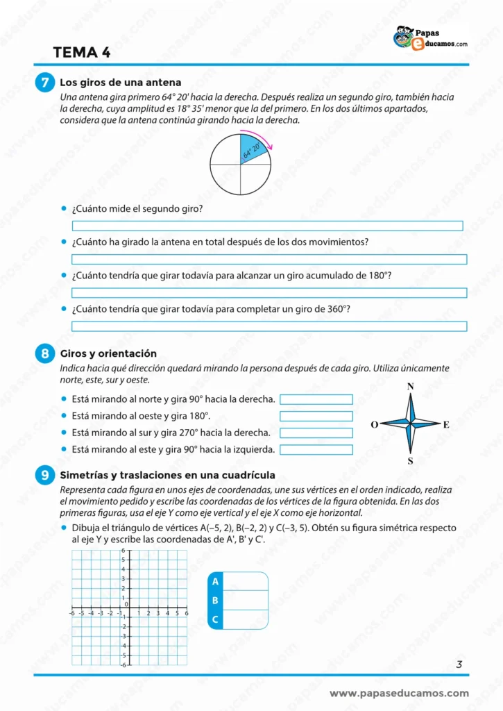 ejercicios_matematicas_tema_04_6_primaria_03 Actividades de Matemáticas de 6º de Primaria sobre giros, orientación mediante los puntos cardinales y simetrías respecto al eje Y en el plano cartesiano.