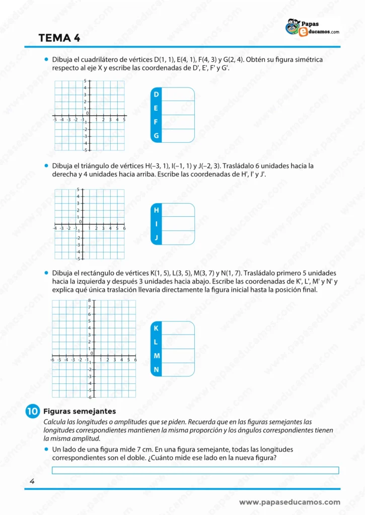 ejercicios_matematicas_tema_04_6_primaria_04 Ejercicios de Matemáticas de 6º de Primaria sobre simetrías respecto al eje X, traslaciones de figuras en una cuadrícula y problemas de figuras semejantes.