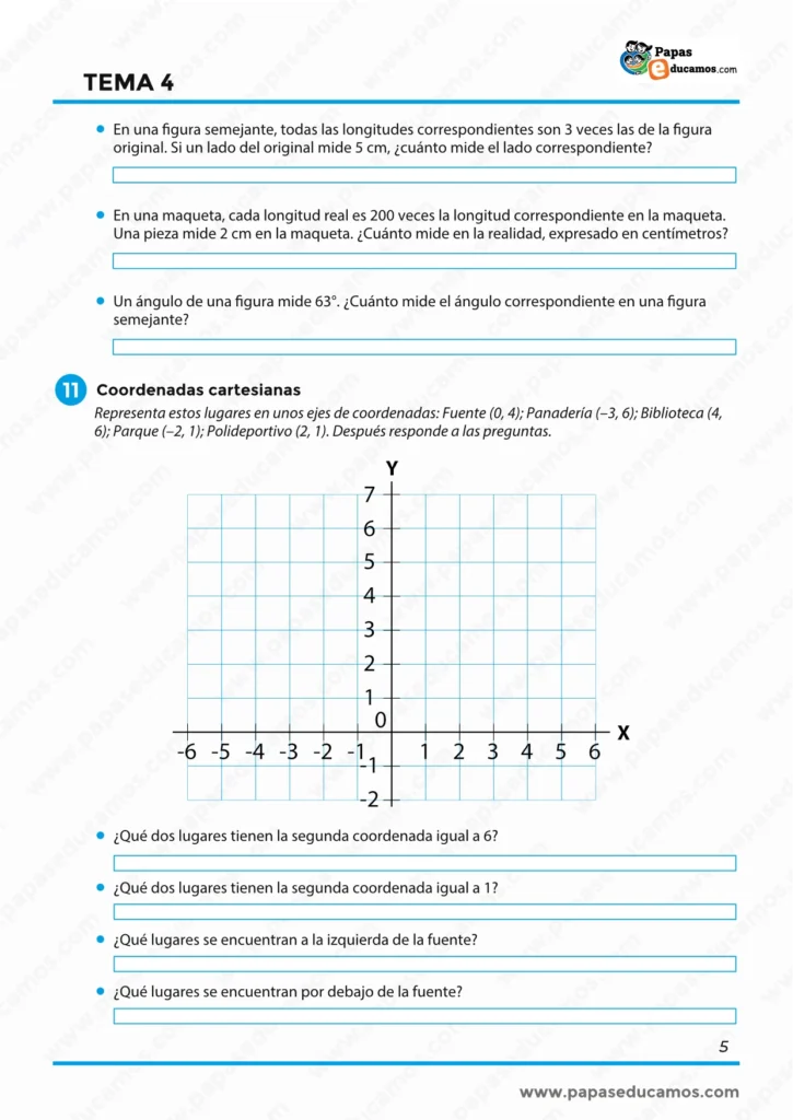 ejercicios_matematicas_tema_04_6_primaria_05 Ficha de Matemáticas de 6º de Primaria con ejercicios sobre figuras semejantes, escalas y representación de coordenadas cartesianas para localizar y comparar posiciones en el plano.