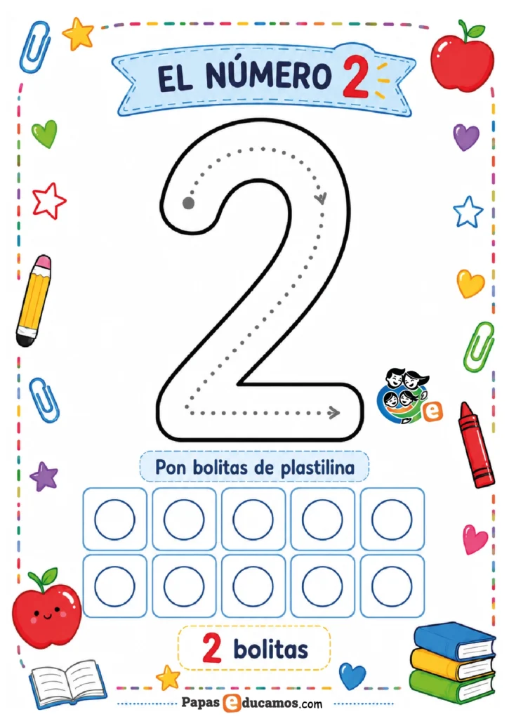 numeros-infantil-03 Ficha del número 2 con actividad de plastilina para Infantil