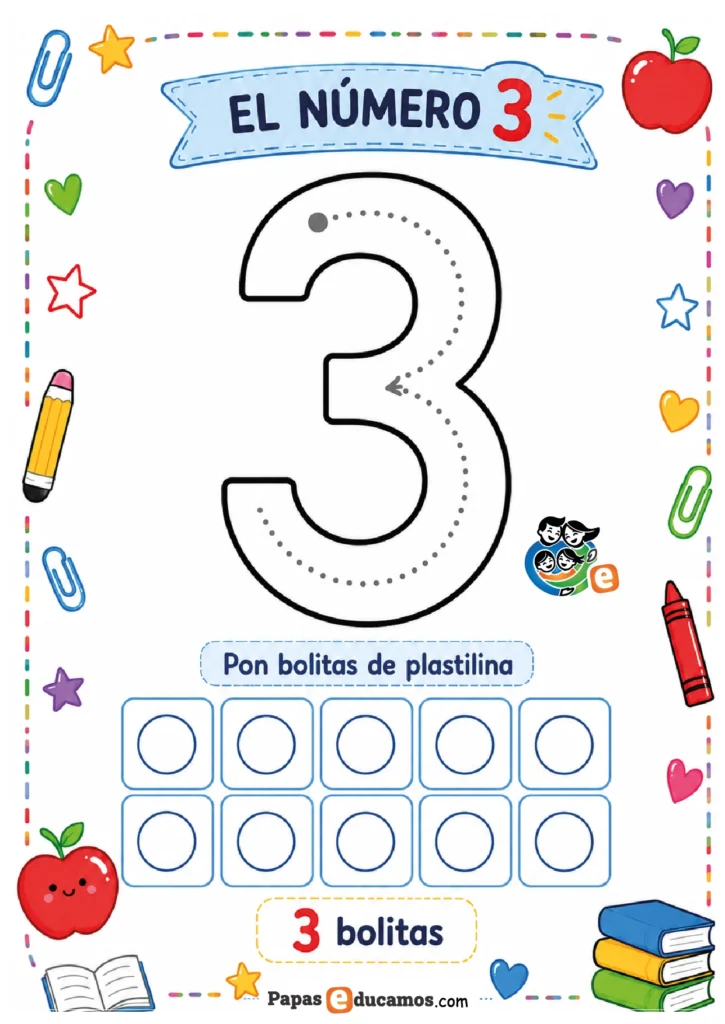 numeros-infantil-04 Ficha del número 3 con actividad de plastilina para Infantil