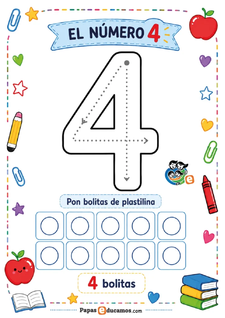 numeros-infantil-05 Ficha del número 4 con actividad de plastilina para Infantil